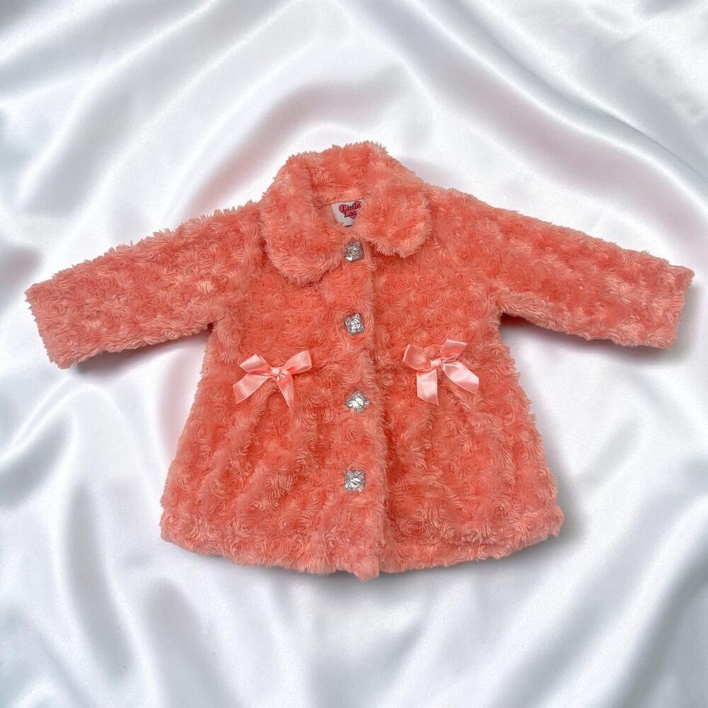 Little Lass Girls Jacket Coral Pink Faux Fur Rosette Rhinestone Buttons 18M